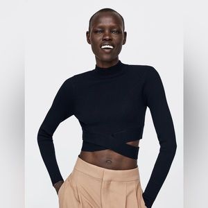 Zara black ribbed long sleeve crewneck sweater cross front waist side cutout S